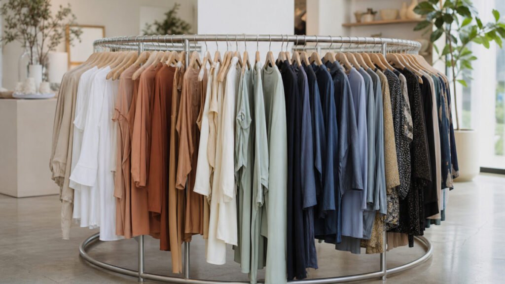 Circular clothing rack representing the future of circular fashion