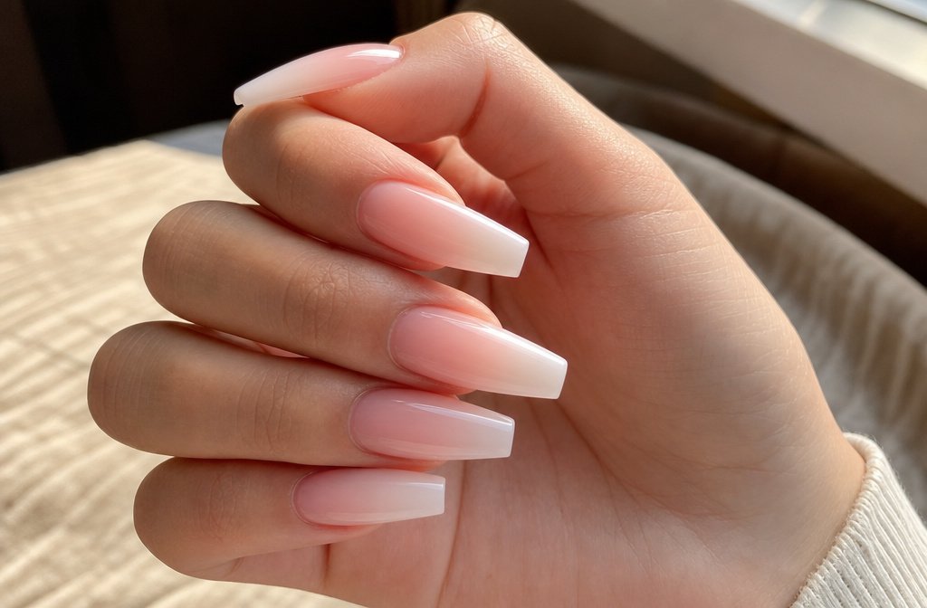 Coffin-shaped nails featuring a soft ombre gradient nail art design