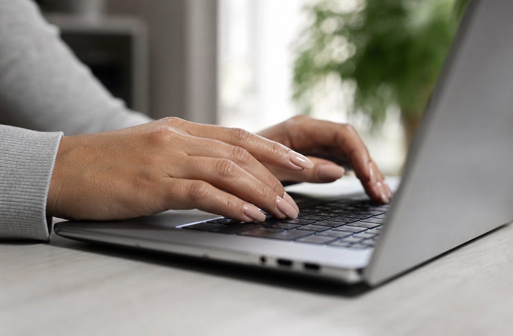 Woman typing on a laptop keyboard with coffin-shaped manicured nails