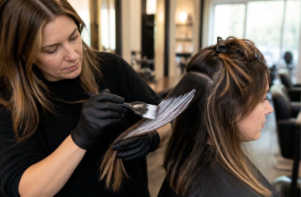 Colorist hand-painting balayage lightener onto a brunette client's hair with a paddle brush