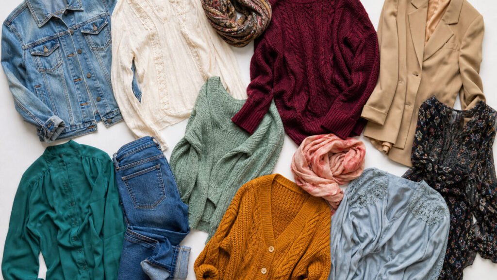 Overhead flat-lay of diverse secondhand clothing styles