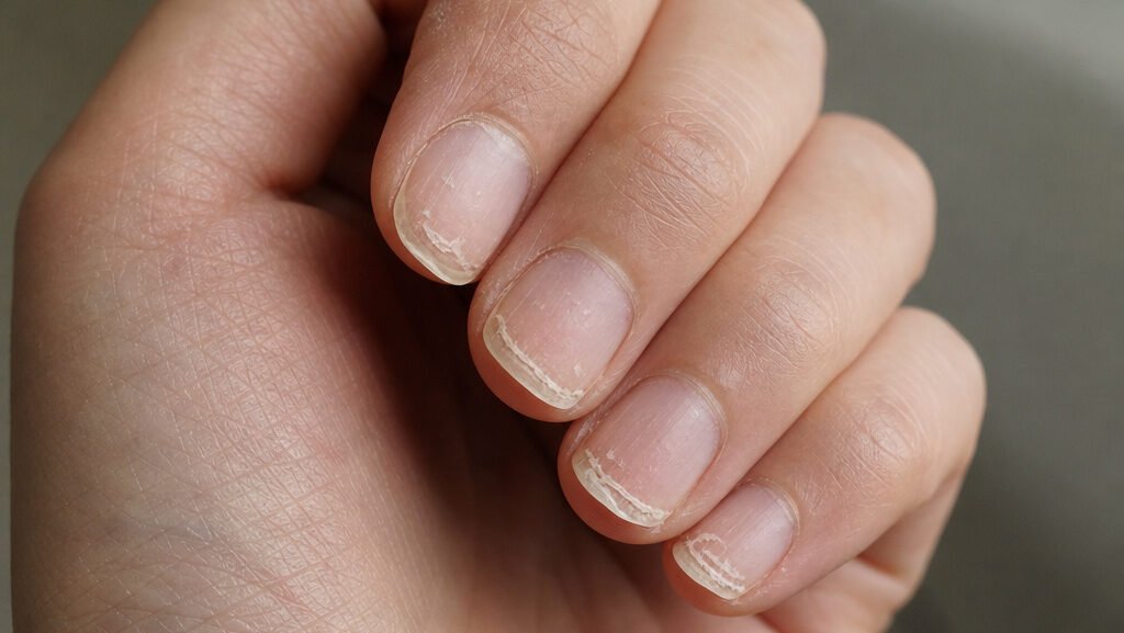 Close-up of a hand showing dry, peeling brittle fingernail tips