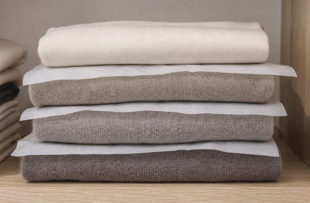 Folded wool and cashmere sweaters stacked with tissue paper between layers