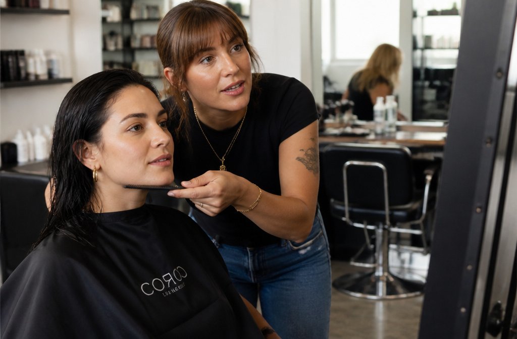 Stylist holding a comb at a client's jawline during a haircut consultation