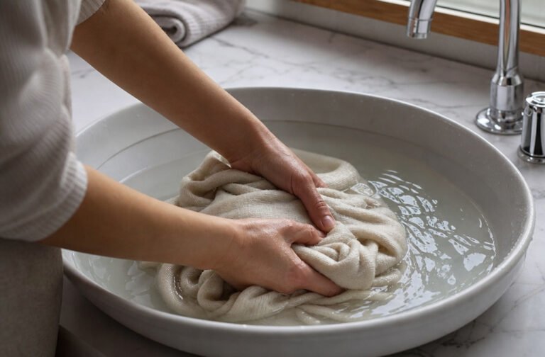 Woman hand-washing a cream cashmere sweater in a basin of water