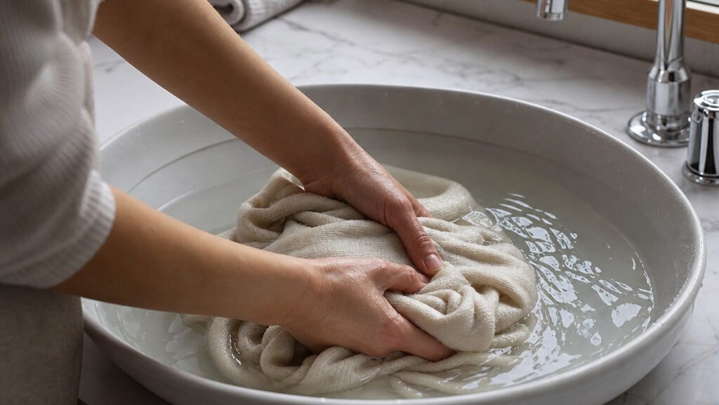 Woman hand-washing a cream cashmere sweater in a basin of water