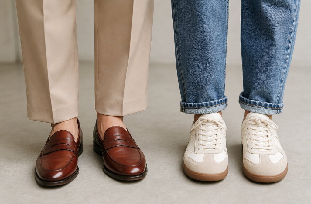 Close-up comparison of polished loafers and tailored trousers next to sneakers and denim