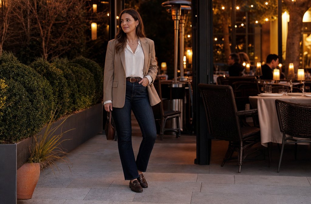 Woman wearing dark jeans, a blouse, and a blazer with loafers