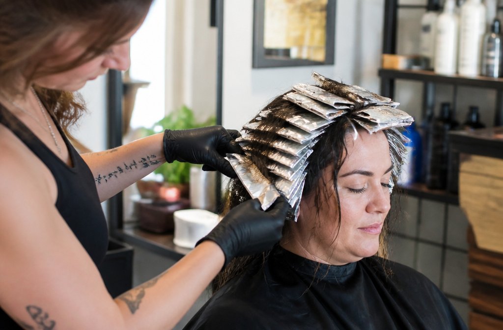 Stylist wrapping woven hair sections in aluminum foils during a highlight service