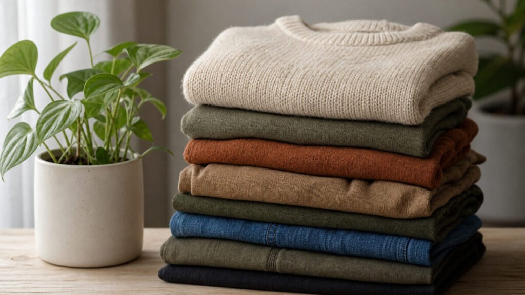 Folded secondhand clothing beside a plant symbolizing sustainable fashion