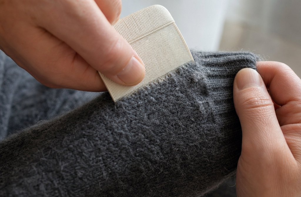 Hand using a fabric comb to remove pills from a wool sweater sleeve