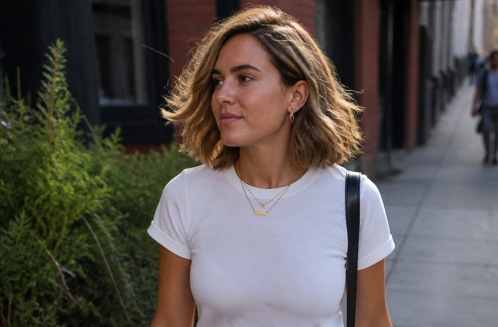 Woman with a wavy collarbone-length lob walking outdoors in afternoon light