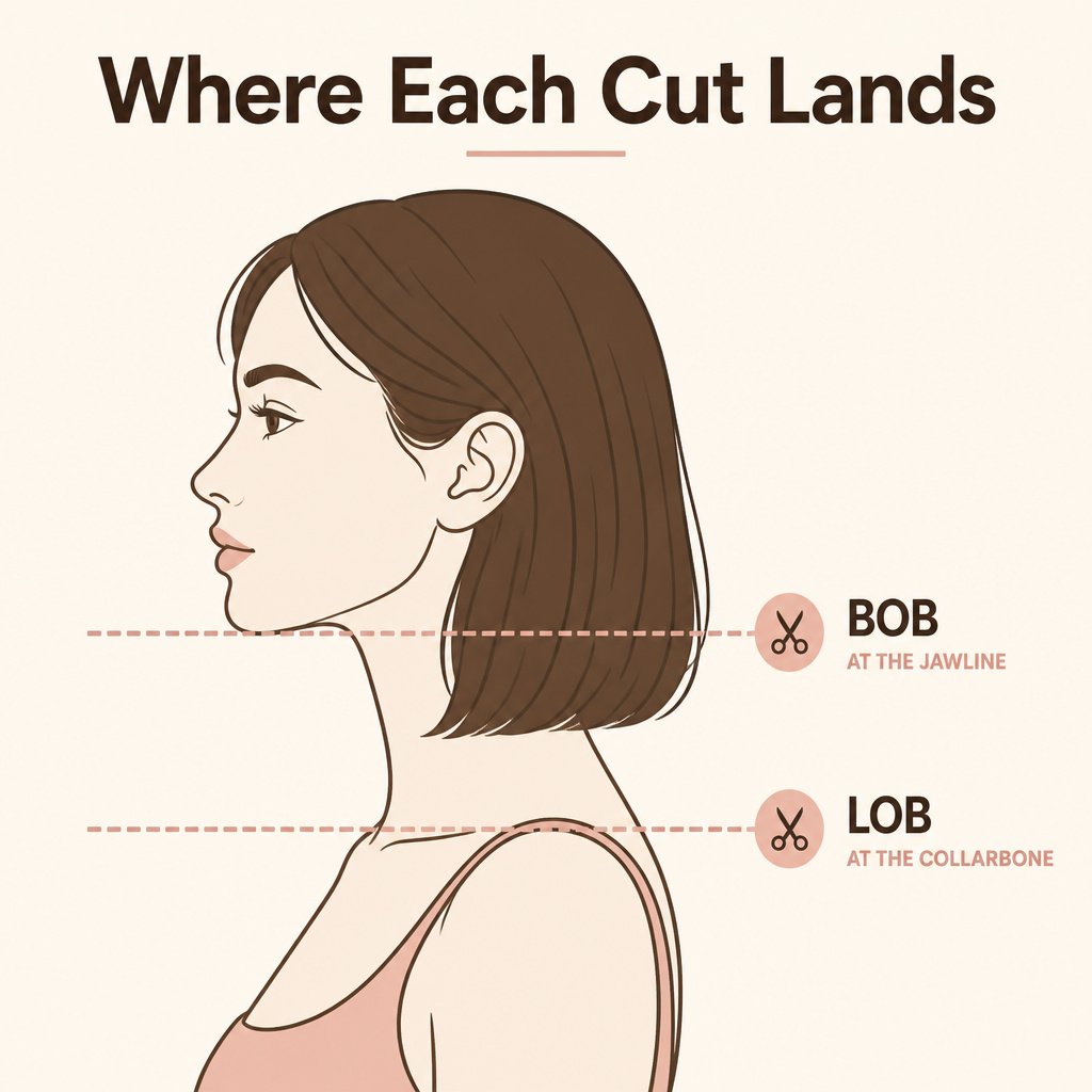 Illustrated side profile showing where each cut lands: bob at the jawline, lob at the collarbone