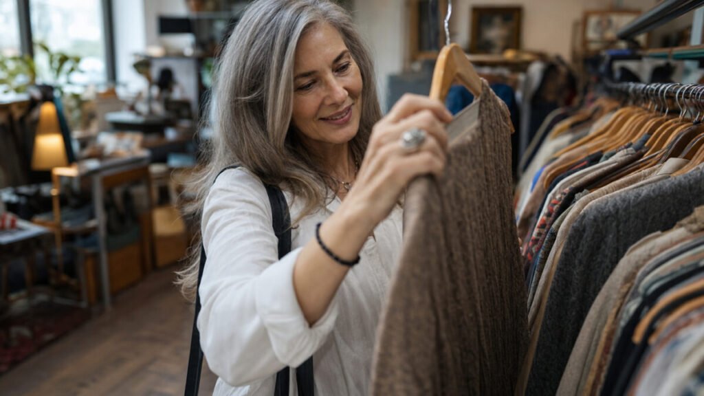 Woman in her 50s browsing a thrift store rack