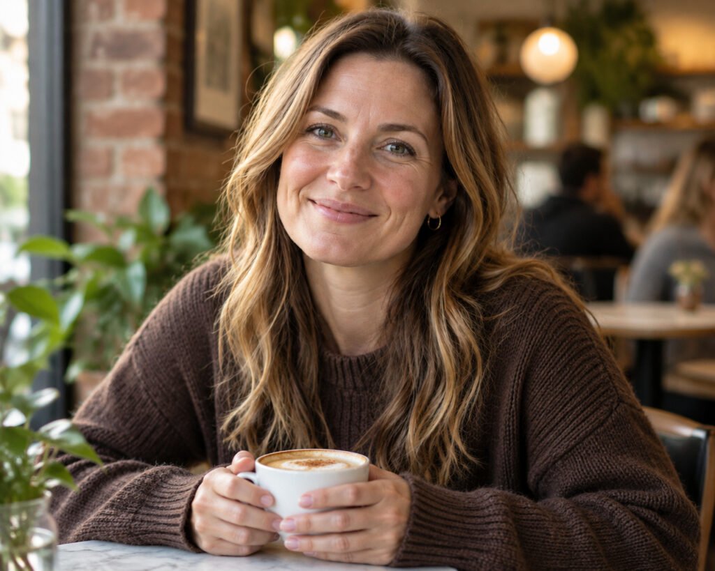 Heather Oja smiling over a cappuccino at a cafe