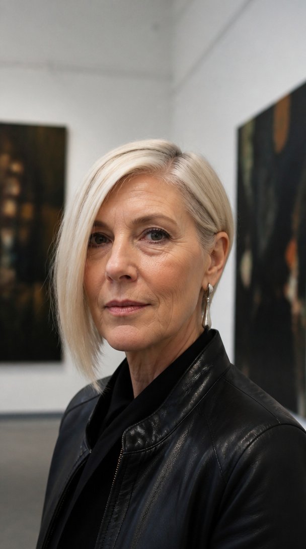 Woman over 50 with a sleek platinum asymmetrical bob in an art gallery