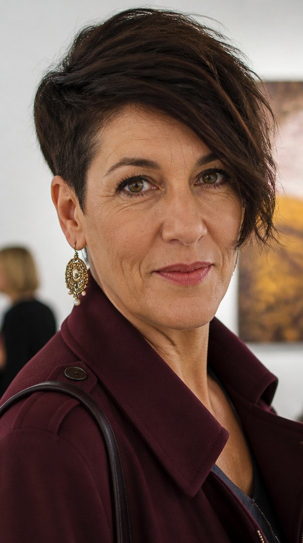 Woman over 50 with thick dark brown hair in an asymmetrical pixie with a long sweeping fringe