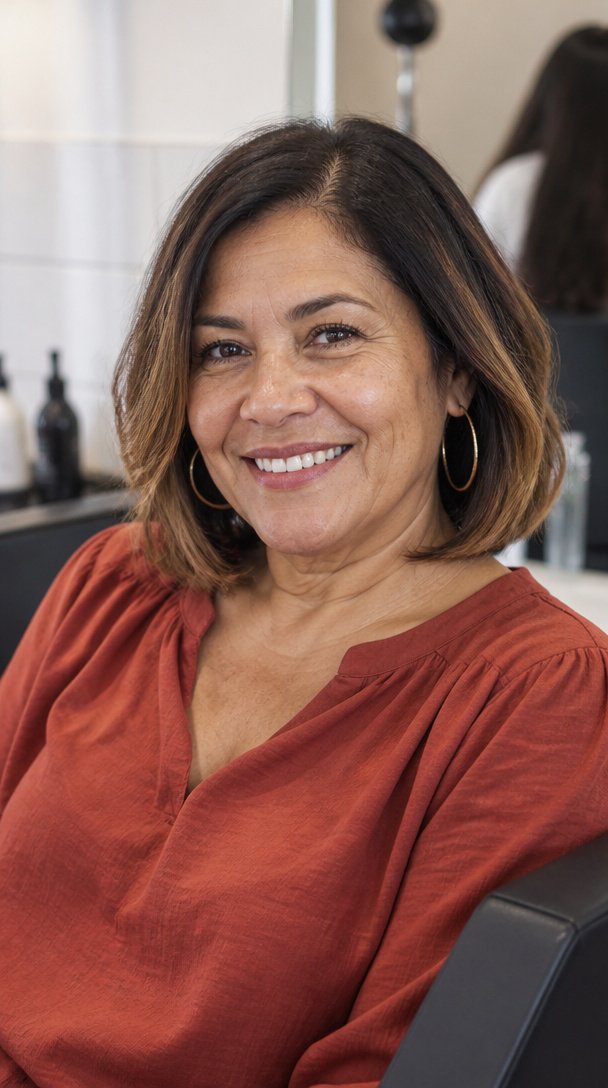 Latina woman over 50 with a brunette bob with caramel balayage in a salon chair