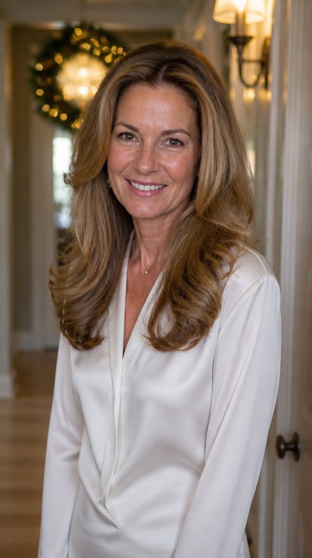 Woman over 50 with long honey brown hair in a bouncy roller blowout in a hallway decorated for Christmas