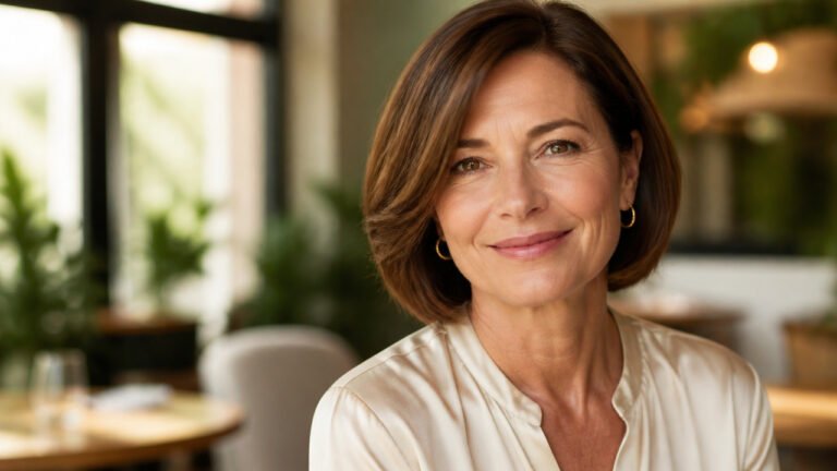 Woman over 50 with a glossy chestnut chin-length bob and a deep side part