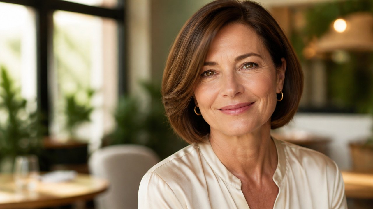 Woman over 50 with a glossy chestnut chin-length bob and a deep side part