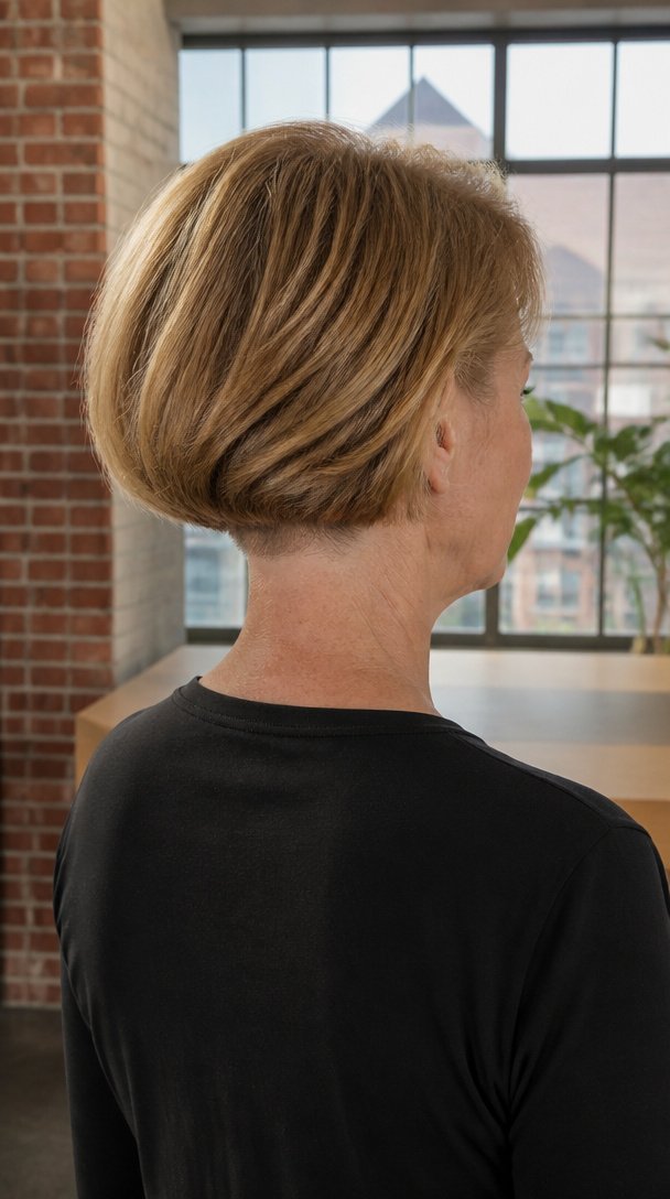 Back view of a woman over 50 with a thick dark blonde bob falling over a clipped nape
