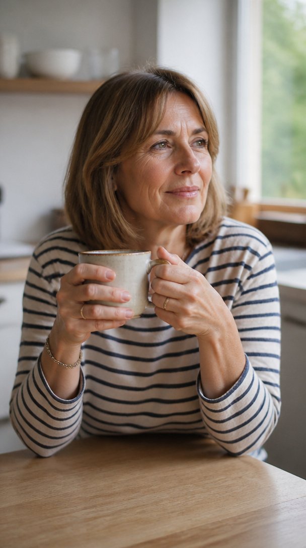 Woman over 50 with a light brown bob and curtain bangs holding a coffee mug
