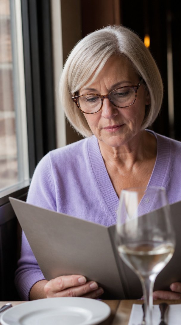 Woman over 60 wearing glasses with a silver blonde chin-length bob reading a menu