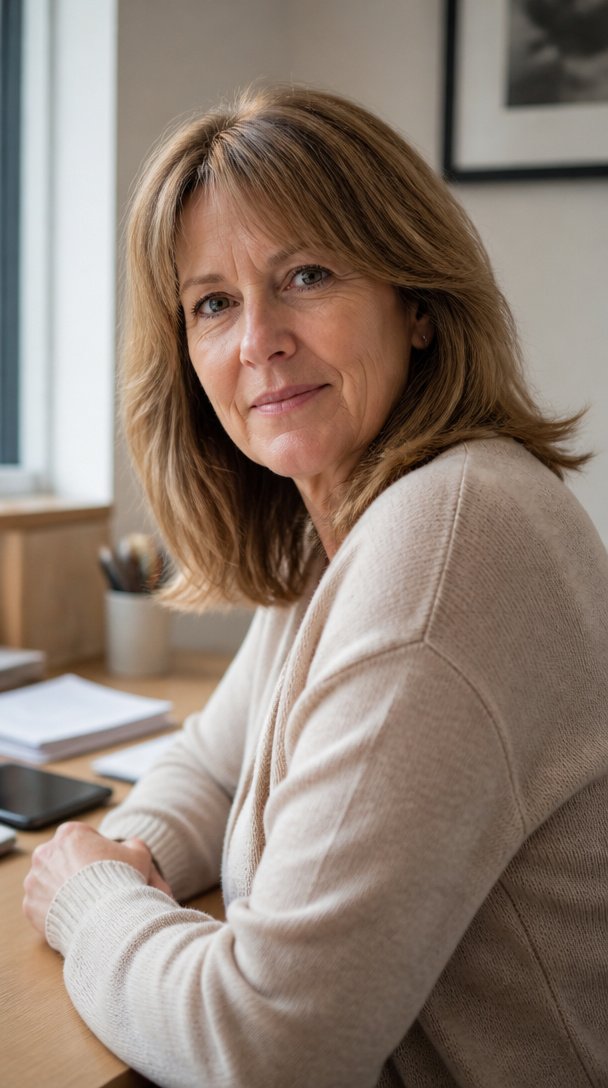 Woman over 50 with thick light brown shoulder-length hair and bottleneck bangs