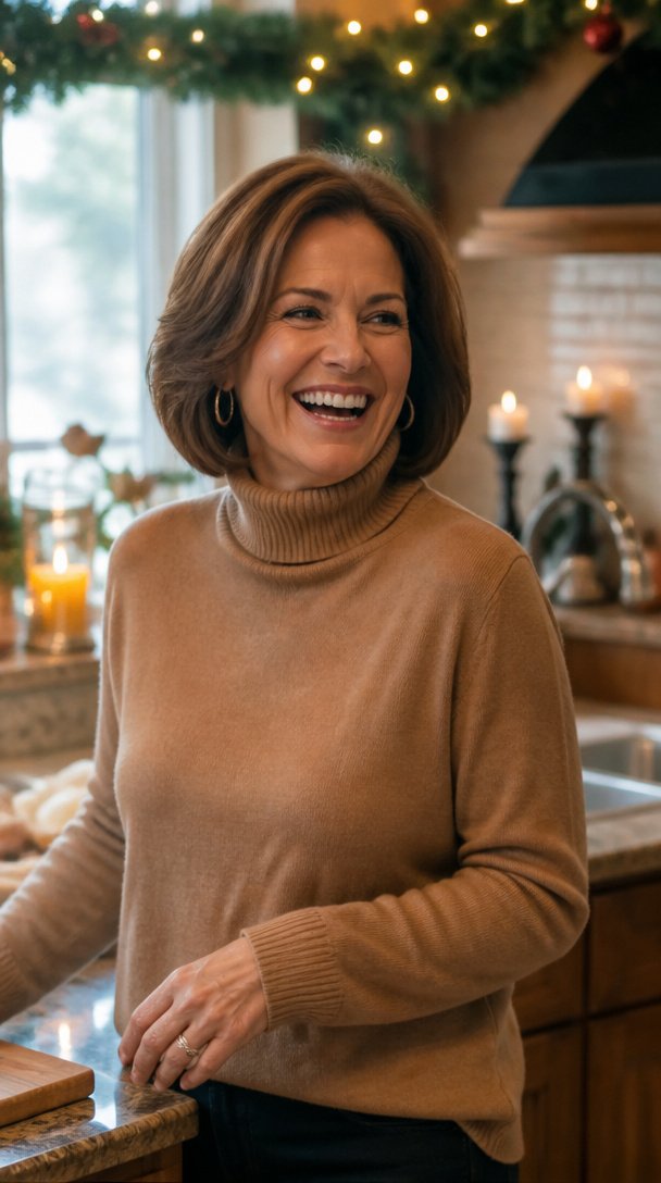 Woman over 50 with a voluminous chestnut blowout bob laughing in a festive kitchen