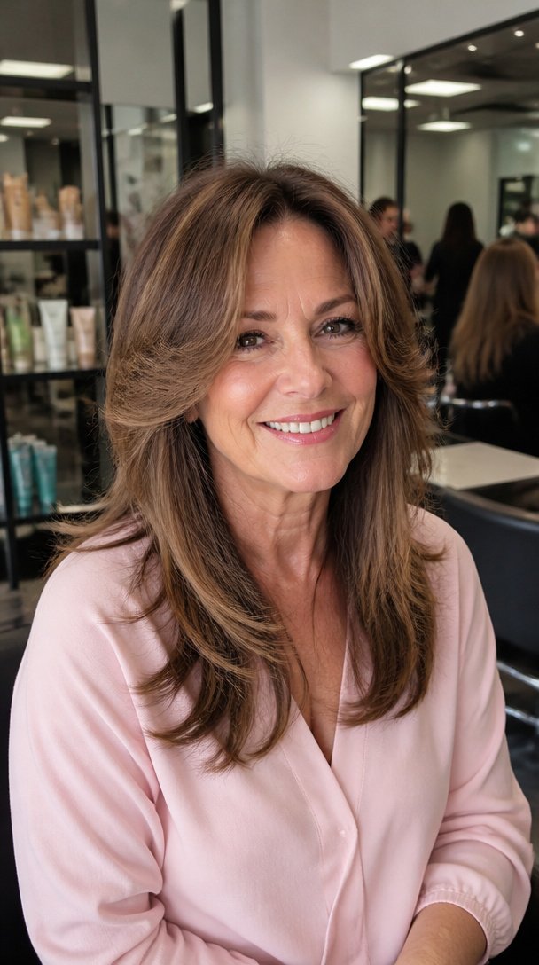 Woman over 50 with a long butterfly haircut with feathered layers at the face and crown