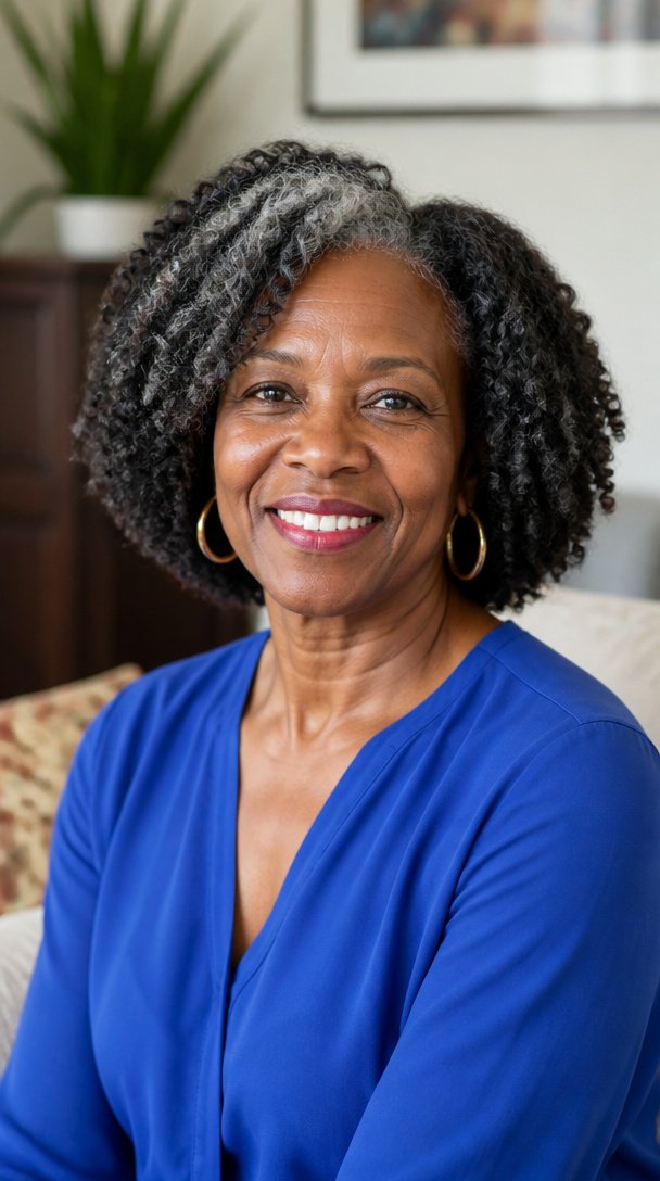 Black woman over 50 with thick natural coily hair in a rounded carved shape