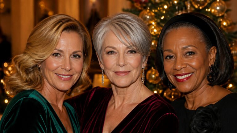 Three women over 50 with holiday hairstyles: soft Hollywood waves, a silver pixie and a bob with a velvet headband, at a Christmas party