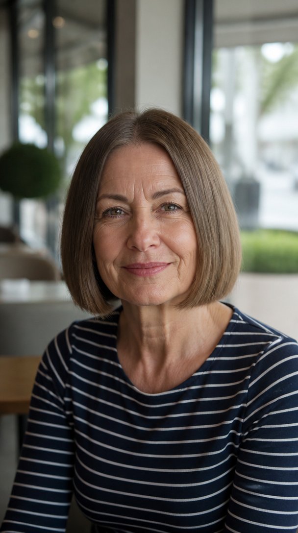 Woman over 50 with a classic blunt chin-length bob in ash brown