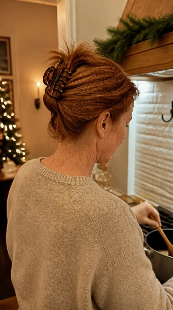Woman over 50 with auburn hair in a claw clip French roll cooking in a Christmas kitchen