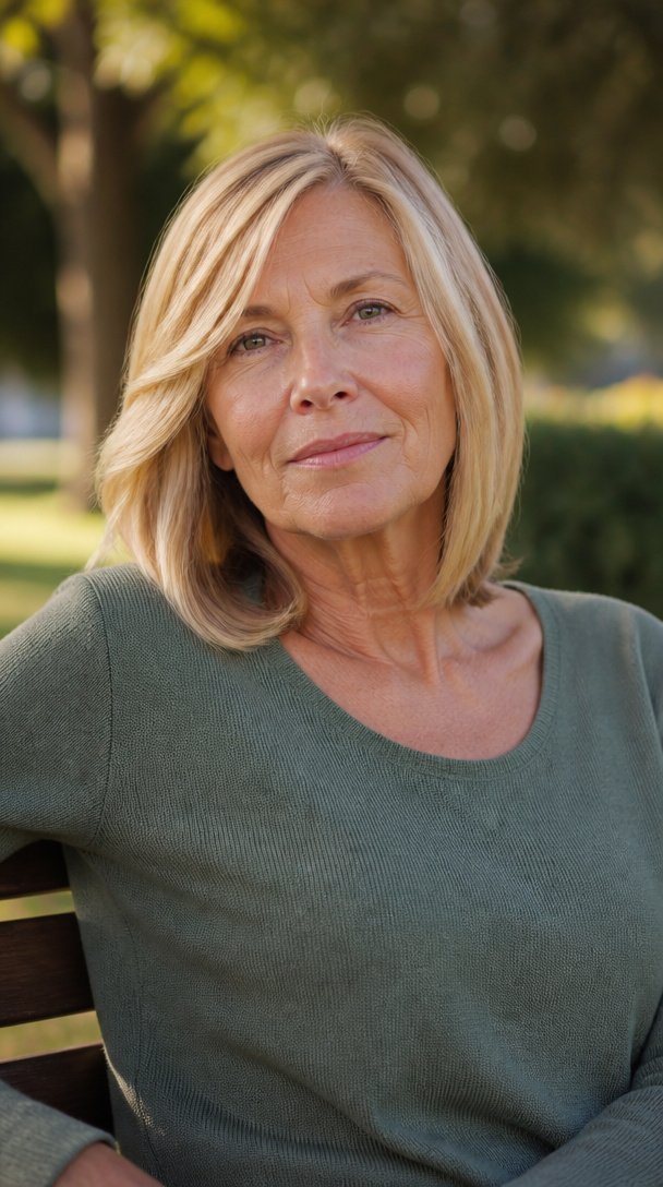 Woman over 50 with a honey blonde collarbone-length bob sitting on a park bench