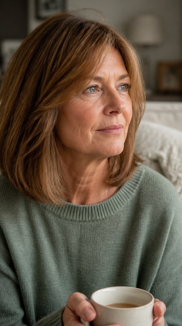 Woman over 50 with thick light brown hair cut to the collarbone with curtain bangs