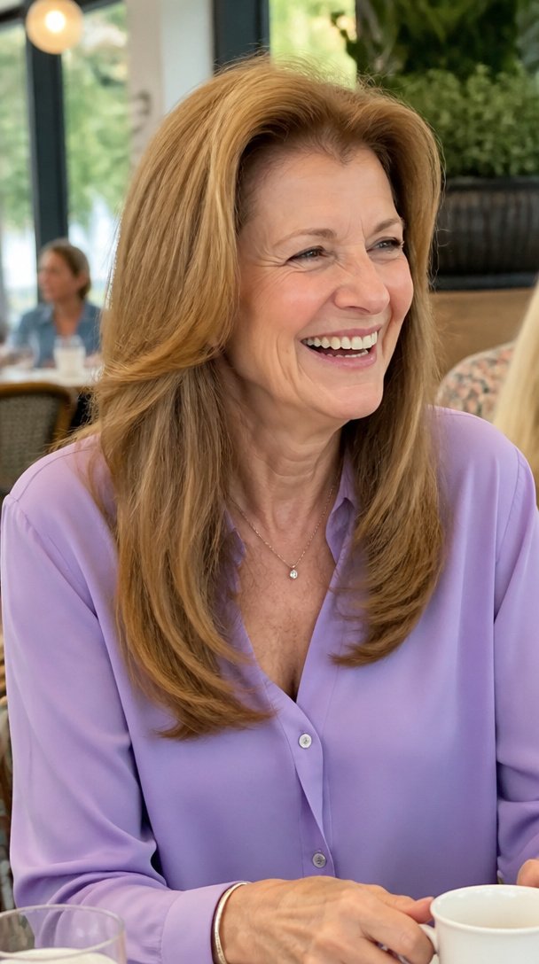Woman over 60 with fine long hair in a round-brush blowout with lift at the crown
