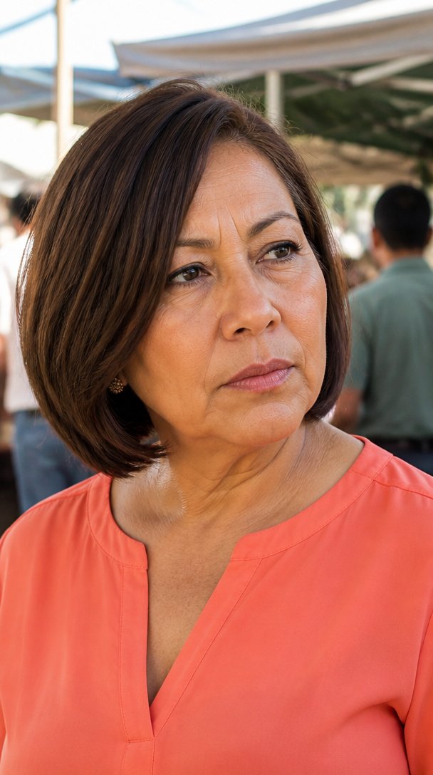 Latina woman over 50 with a dark brown bob in a deep side part sweeping across her forehead