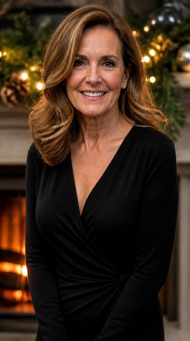 Woman over 50 with shoulder-length hair in a deep side part and soft brushed-out waves by a fireplace