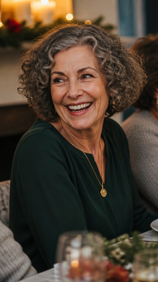Woman over 60 with a defined gray and brown curly bob laughing at a holiday table