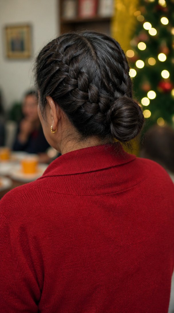 Back view of a Latina woman over 50 with two Dutch braids meeting in a low bun at a family holiday gathering