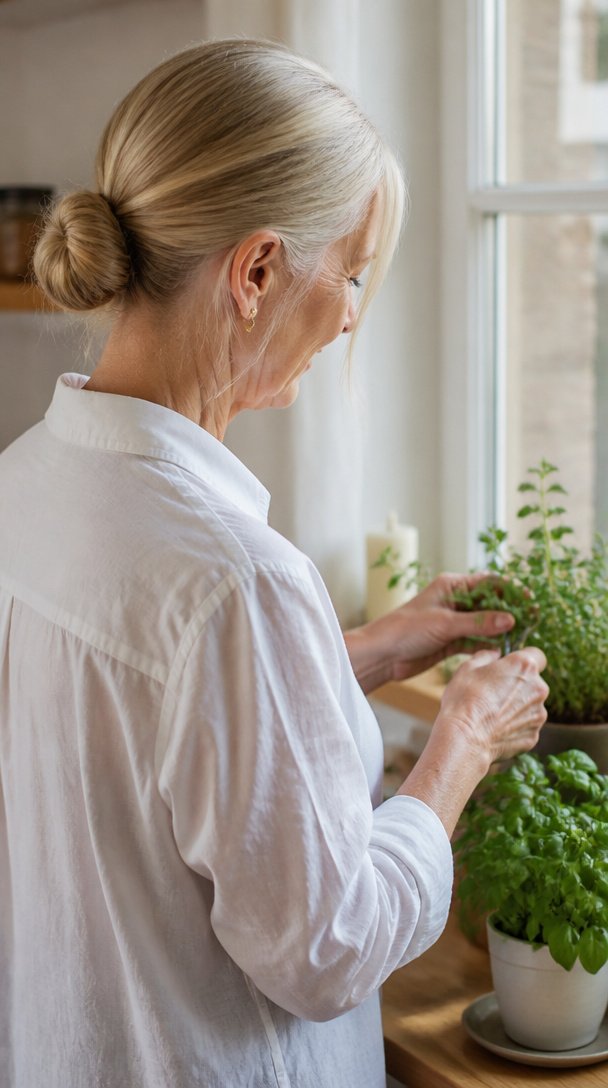 Woman over 60 with long ash blonde hair in a neat low bun tending herbs by a window