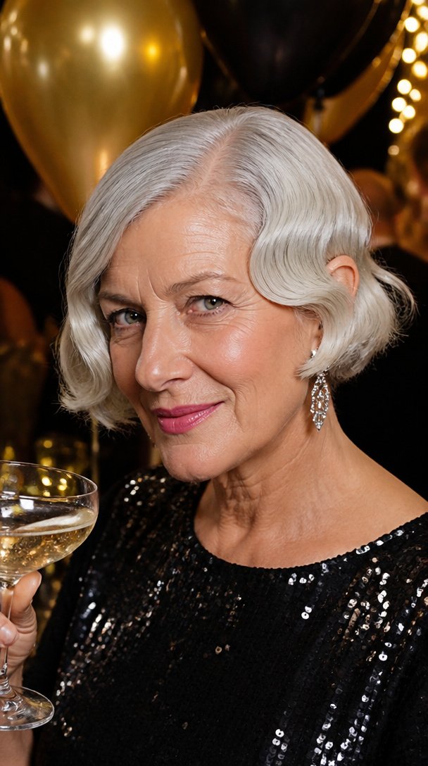 Woman over 60 with a platinum silver bob in 1920s finger waves at a New Year's Eve party