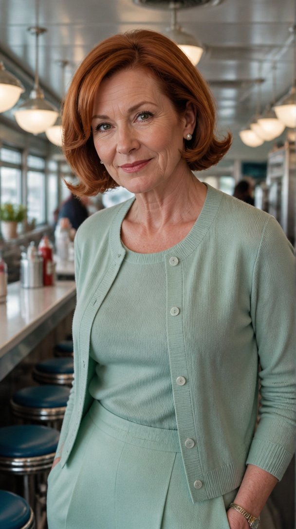 Woman over 50 with an auburn bob with the ends flipped out in a 1960s style