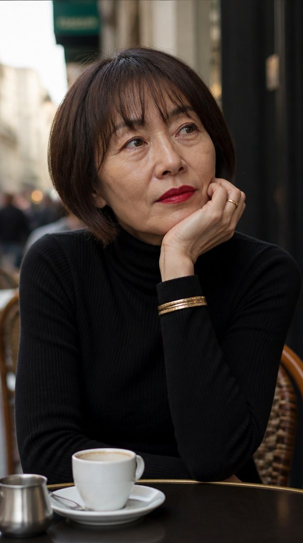 East Asian woman over 50 with a jaw-length French bob and brow-grazing bangs at a cafe