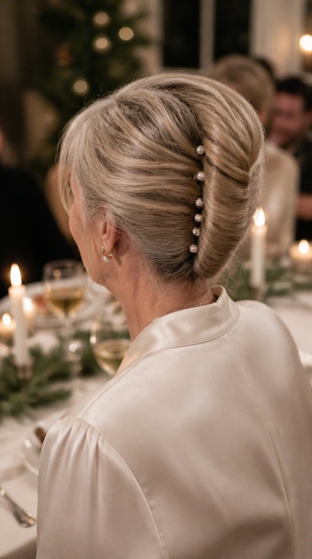 Back view of a woman over 50 with a blonde French twist held by pearl hair pins