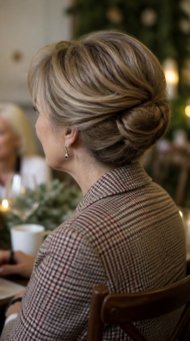 Back view of a woman over 50 with a rolled Gibson tuck updo at a holiday brunch