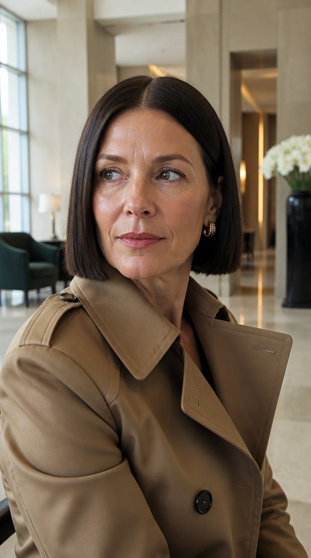 Woman over 50 with a pin-straight espresso brown bob with a mirror-like shine