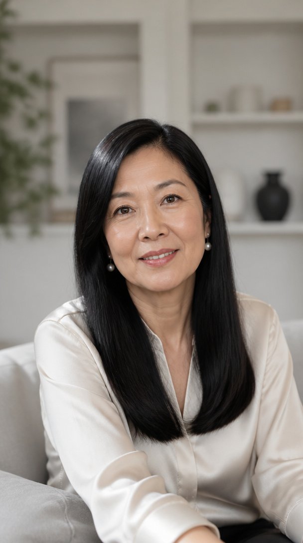 East Asian woman over 50 with long glossy straight black hair and a side part